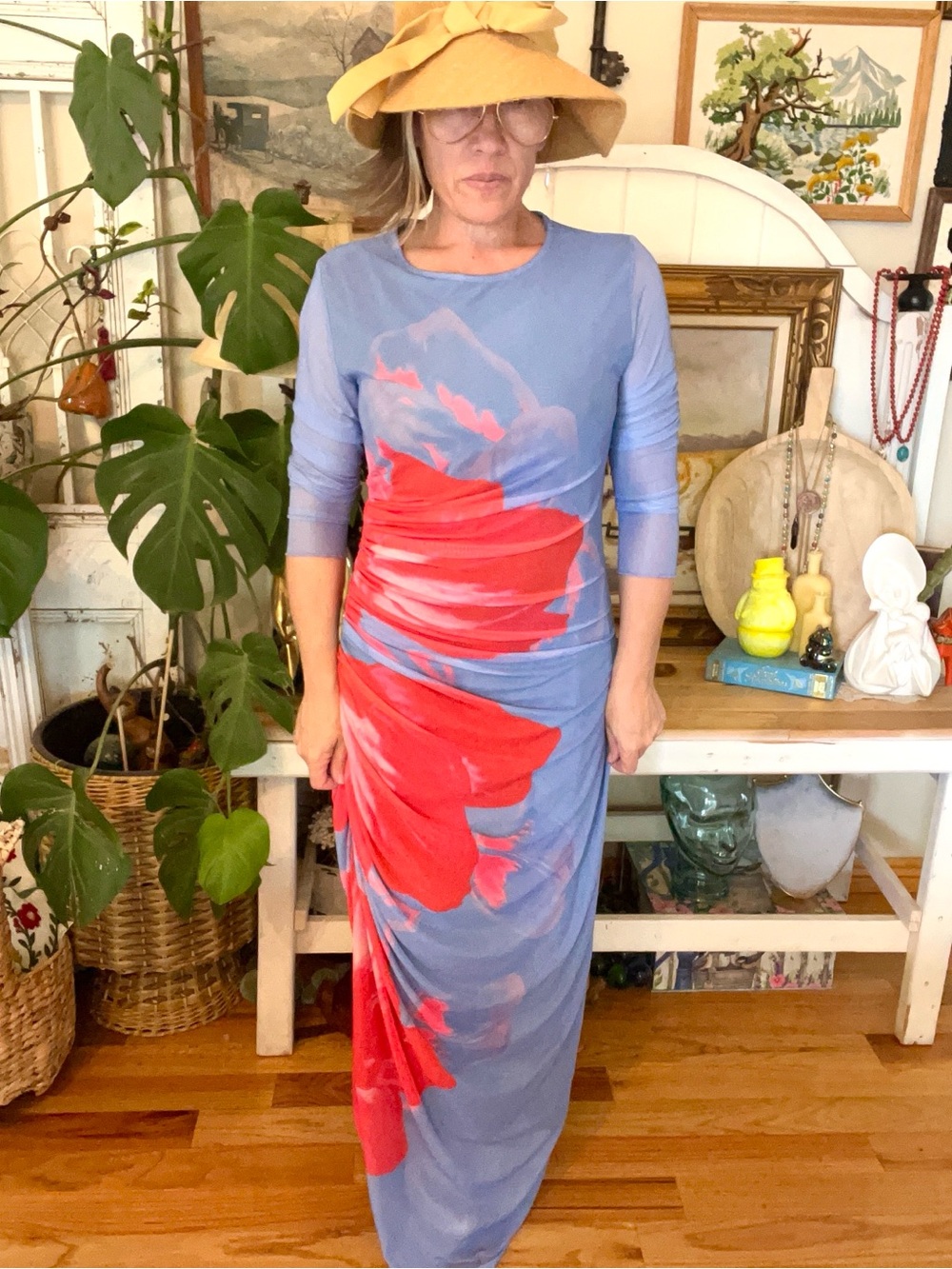 Sheer Goth Floral Watercolor Tie Dyed Ruched Mesh Maxi Dress Y2K Style